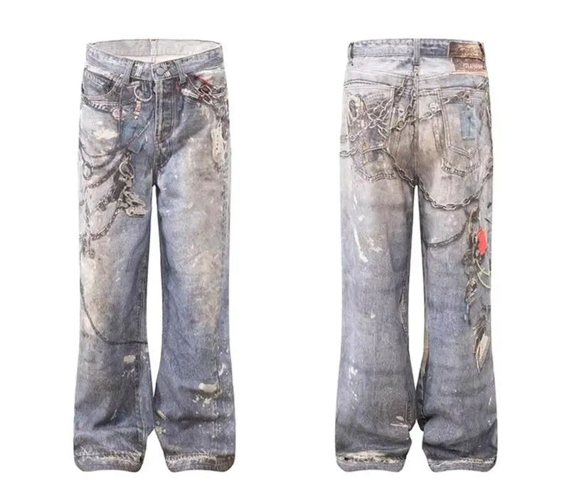 Loose 3D Chain Realistic Printed Jeans Pants