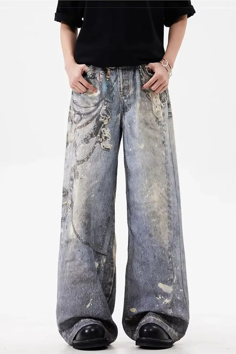Loose 3D Chain Realistic Printed Jeans Pants