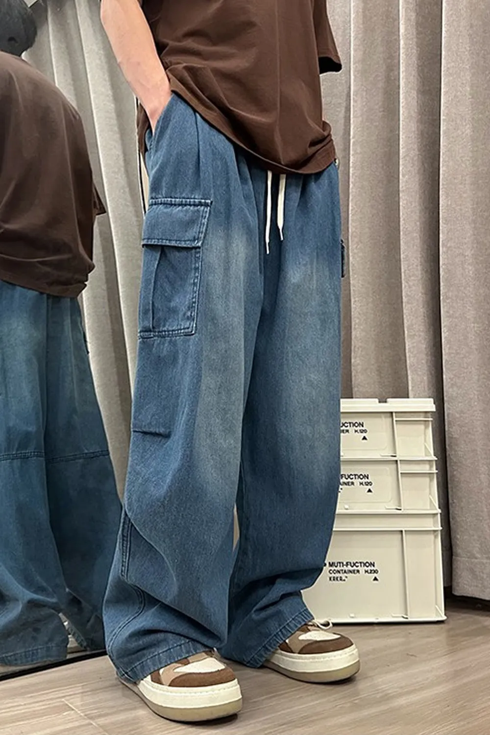 Loose Side Cargo Pockets Long Men Jeans Pants