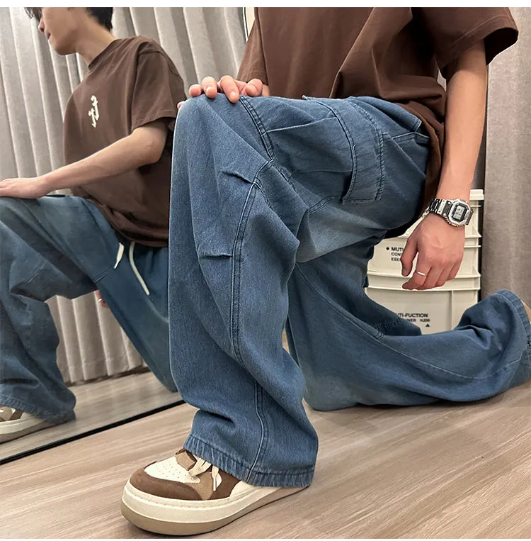Loose Side Cargo Pockets Long Men Jeans Pants