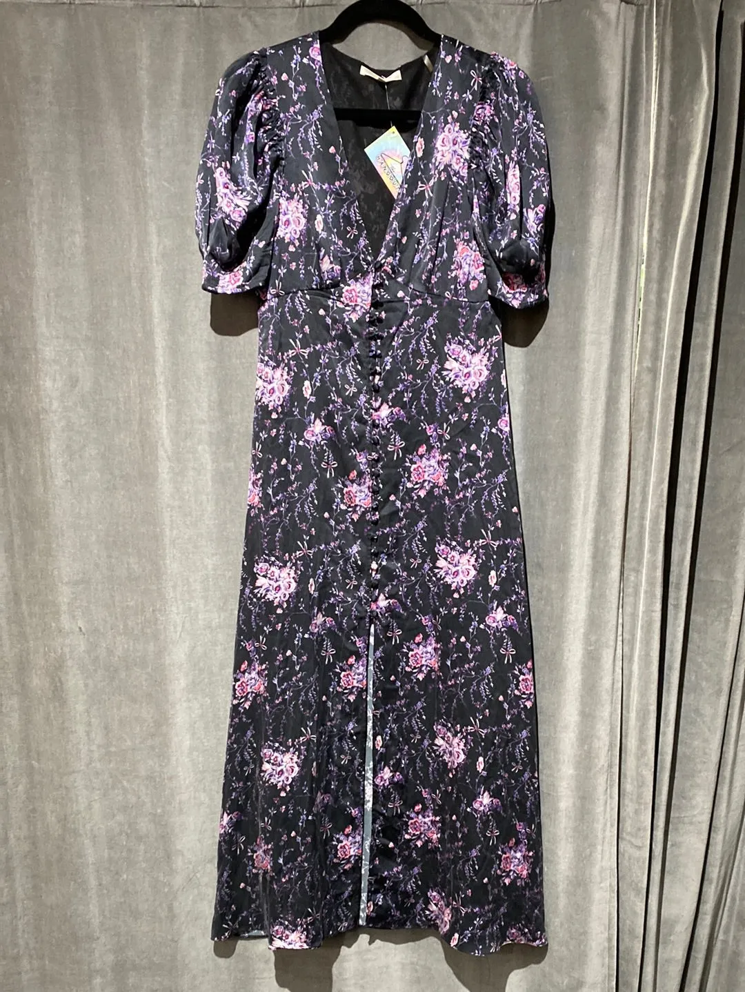 Love Shack Fancy Black and Purple Floral Button Down Maxi Dress