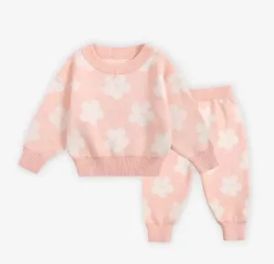 Machine knitted retro floral baby girl comfy set