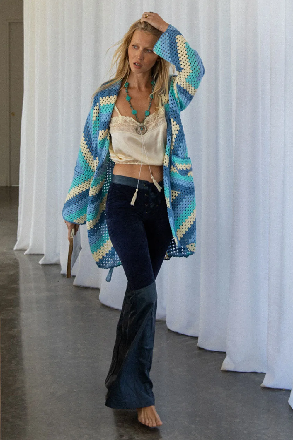 Magic Carpet Ride Short Crochet Coat - Blue Sky