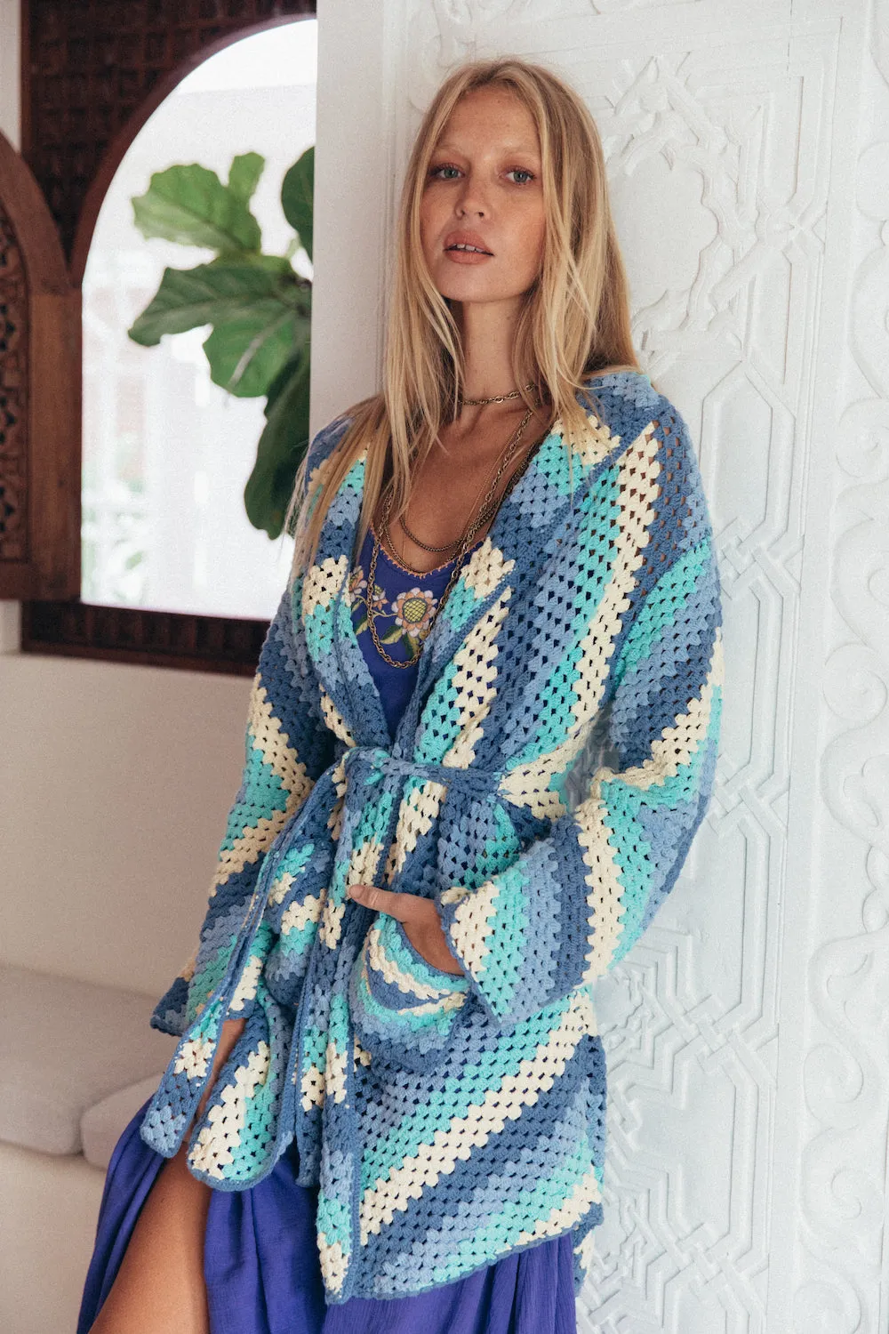 Magic Carpet Ride Short Crochet Coat - Blue Sky