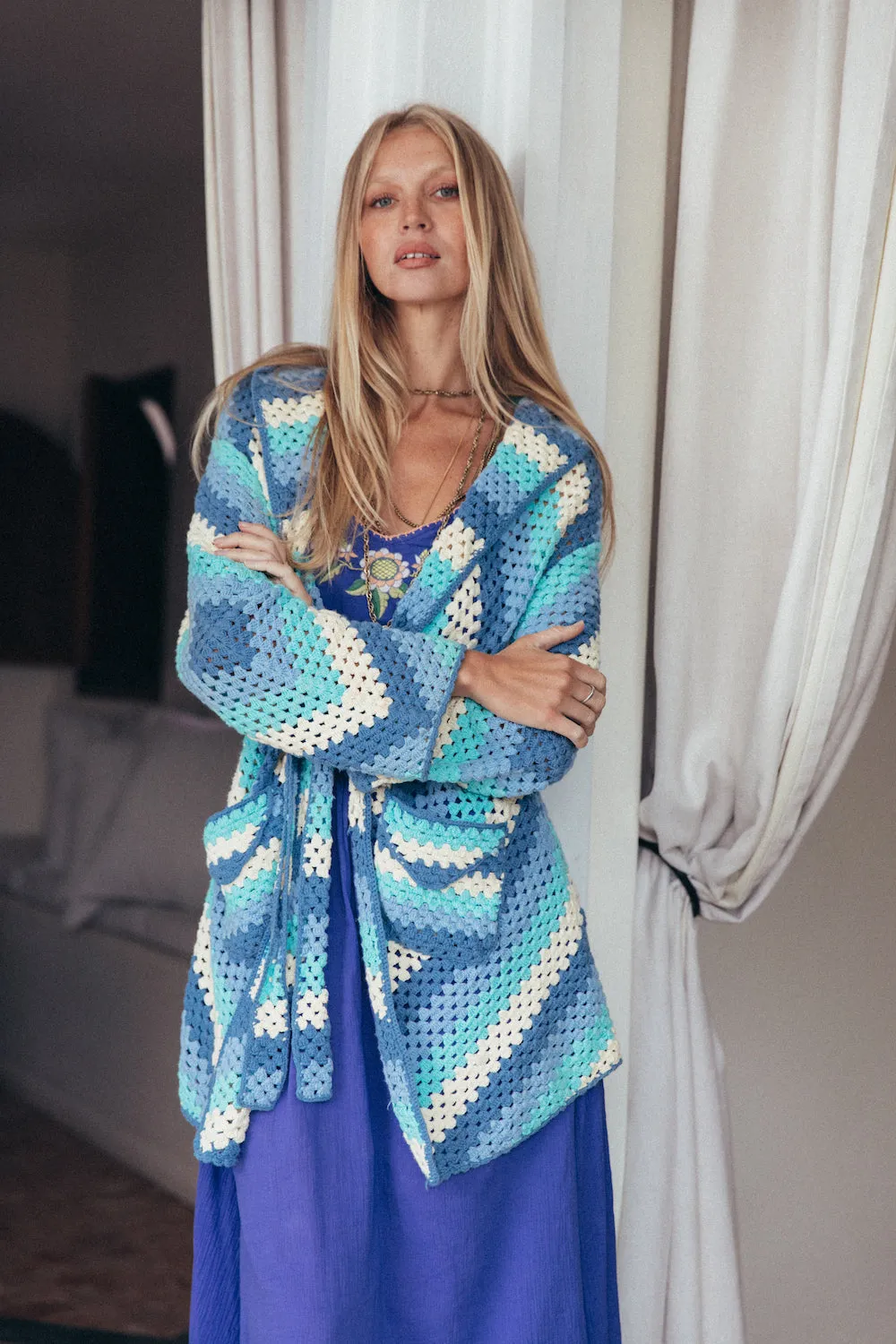 Magic Carpet Ride Short Crochet Coat - Blue Sky