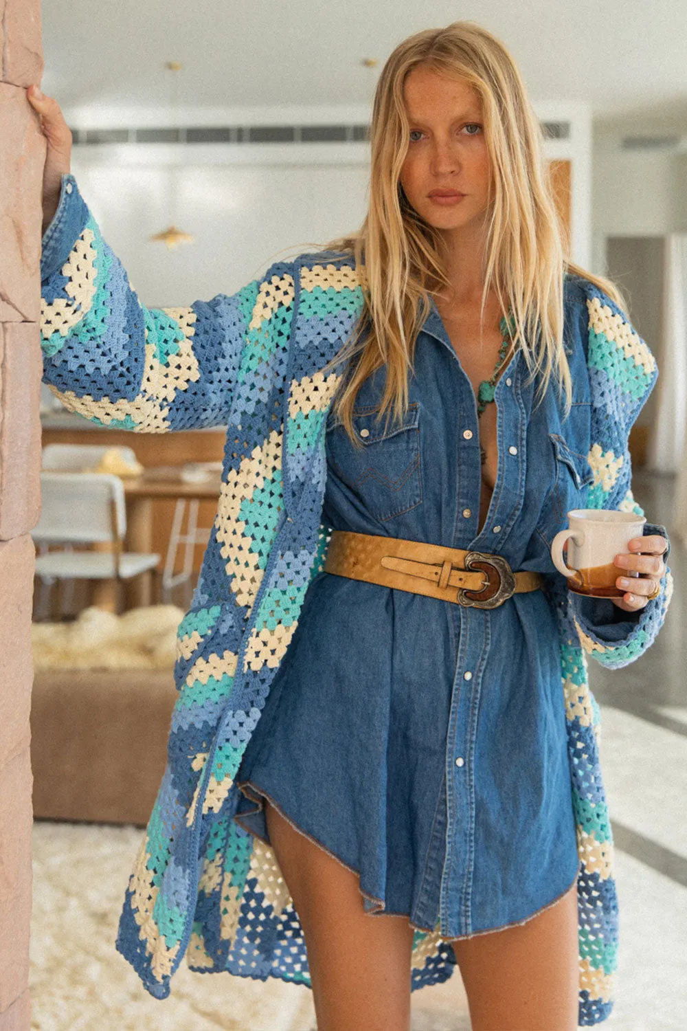 Magic Carpet Ride Short Crochet Coat - Blue Sky