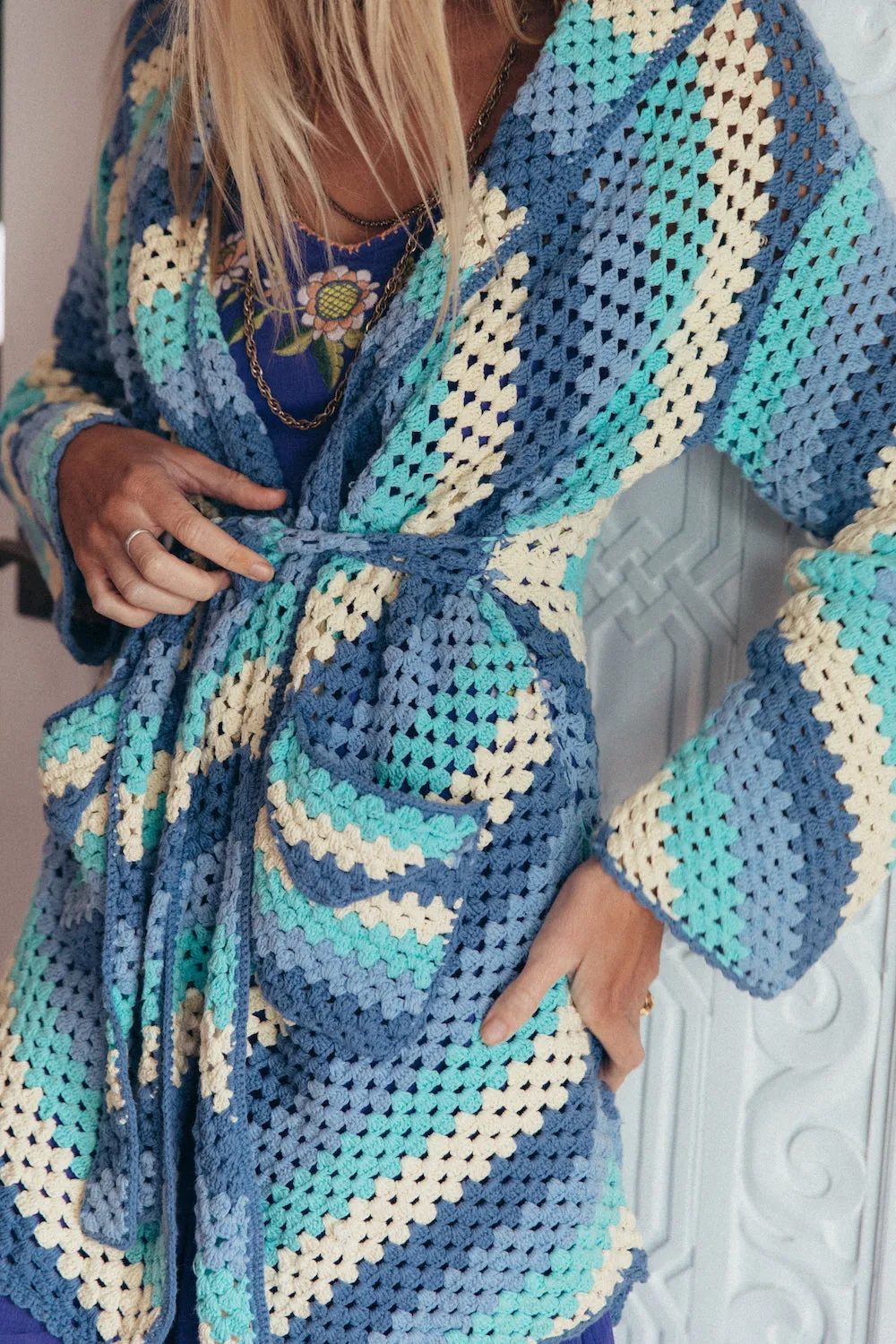 Magic Carpet Ride Short Crochet Coat - Blue Sky