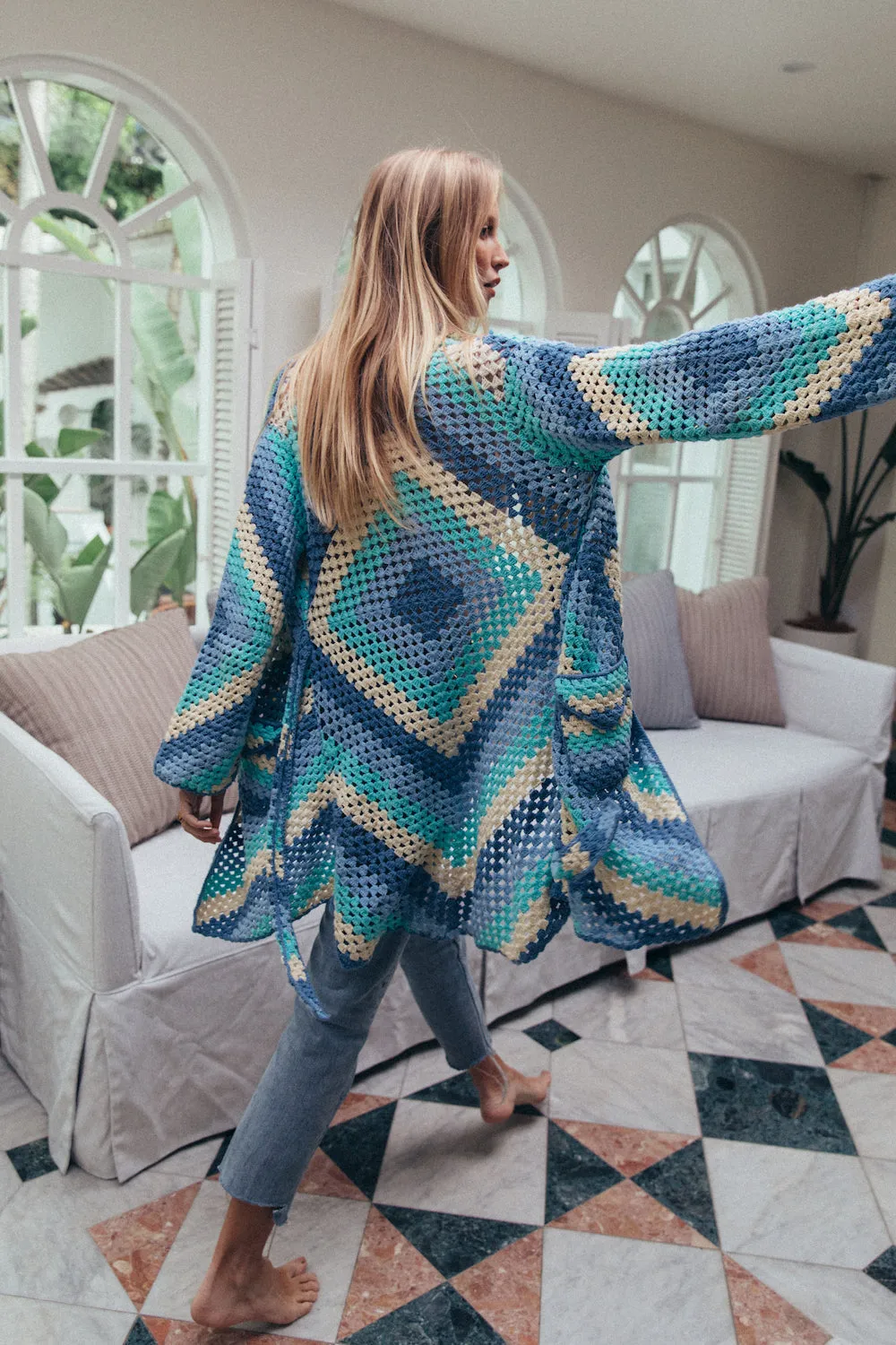 Magic Carpet Ride Short Crochet Coat - Blue Sky