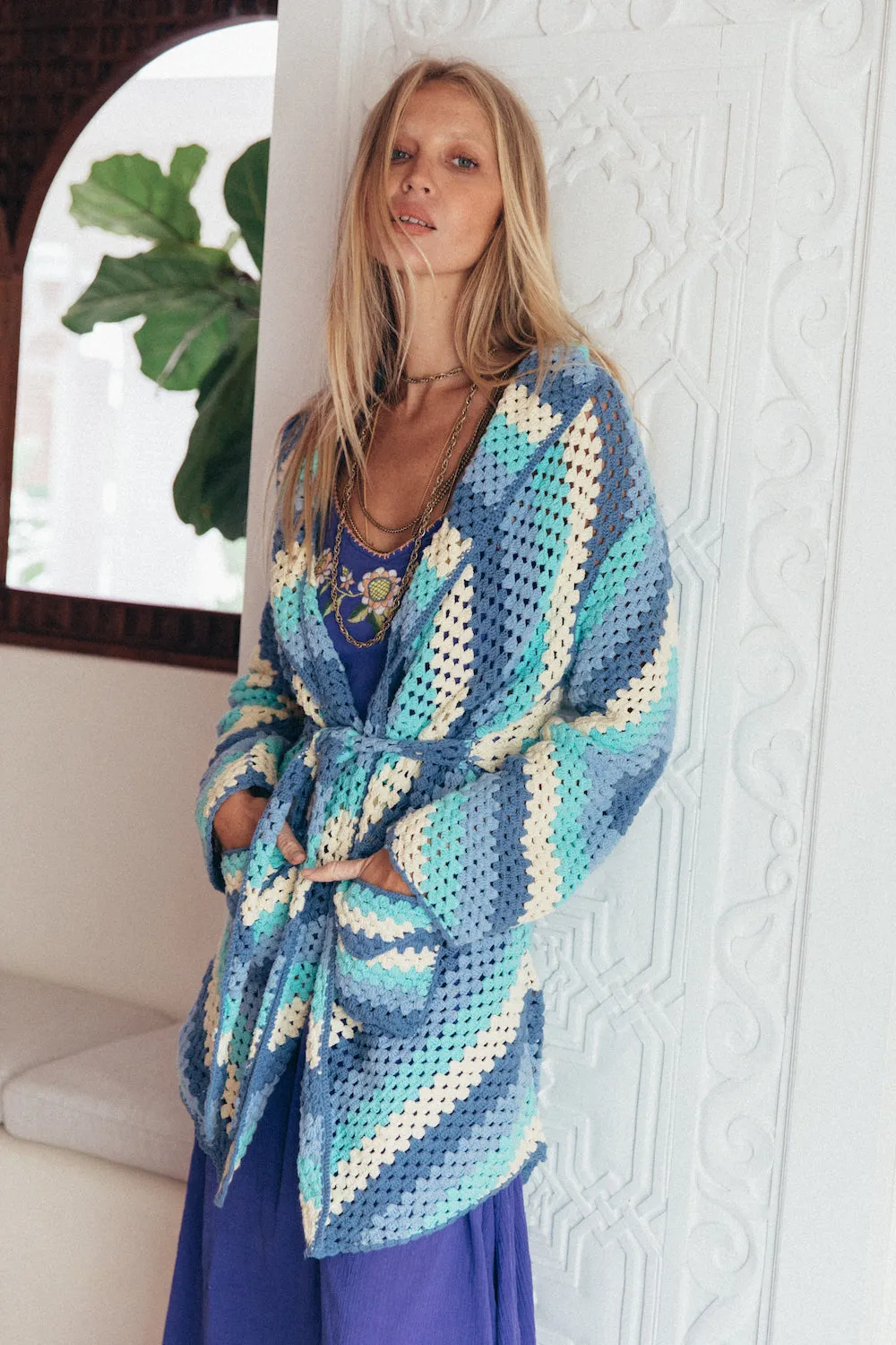 Magic Carpet Ride Short Crochet Coat - Blue Sky