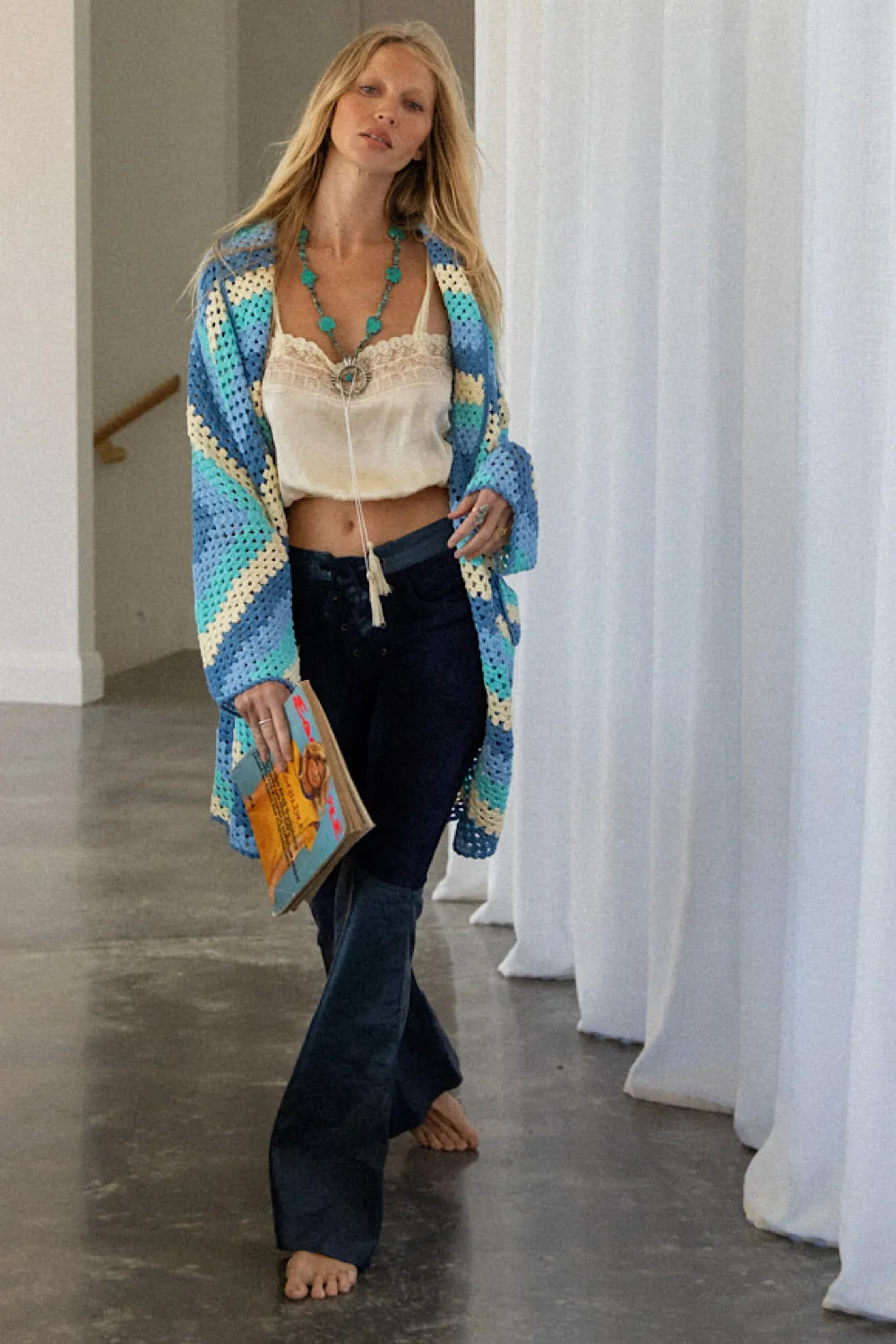 Magic Carpet Ride Short Crochet Coat - Blue Sky