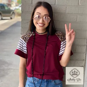 Maroon, Leopard and Stripes Top