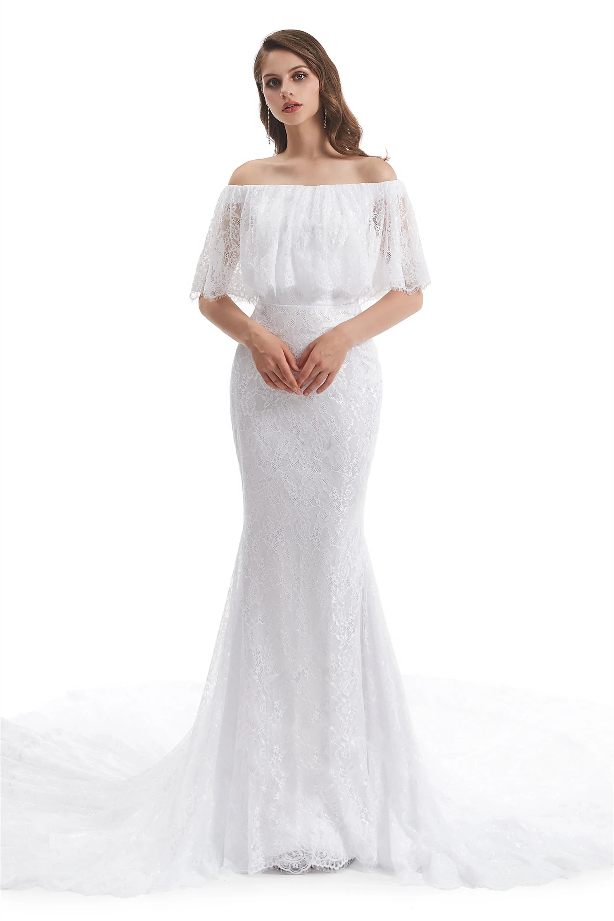 Mermaid Strapless Floor-length Off-the-shoulder Appliques Lace Short Sleeve Floor-length Wedding Dress