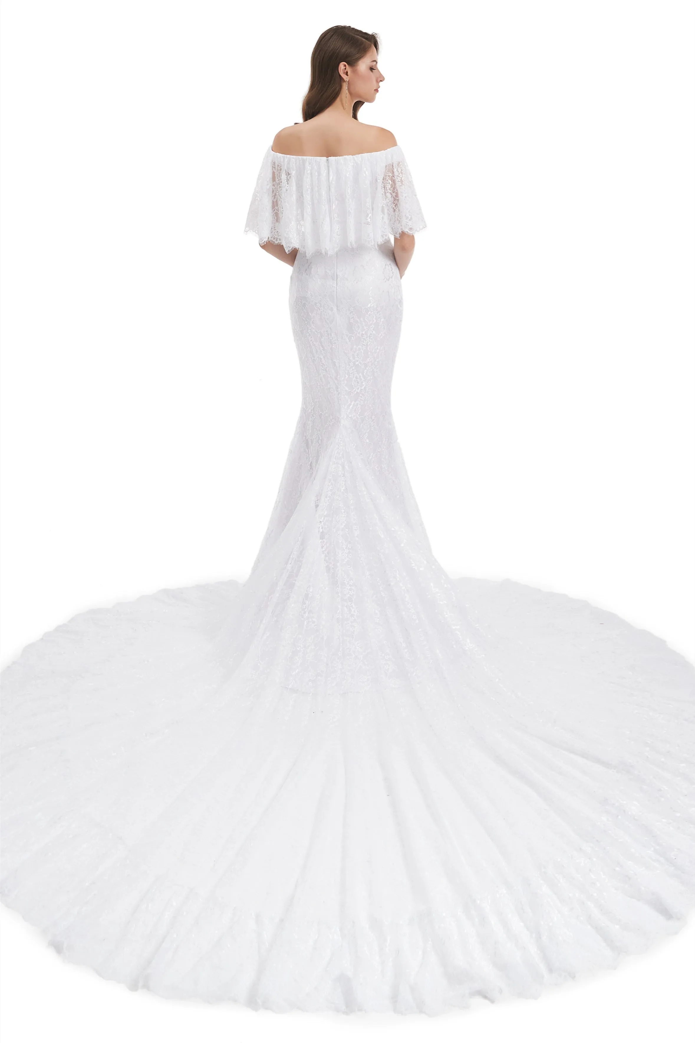 Mermaid Strapless Floor-length Off-the-shoulder Appliques Lace Short Sleeve Floor-length Wedding Dress