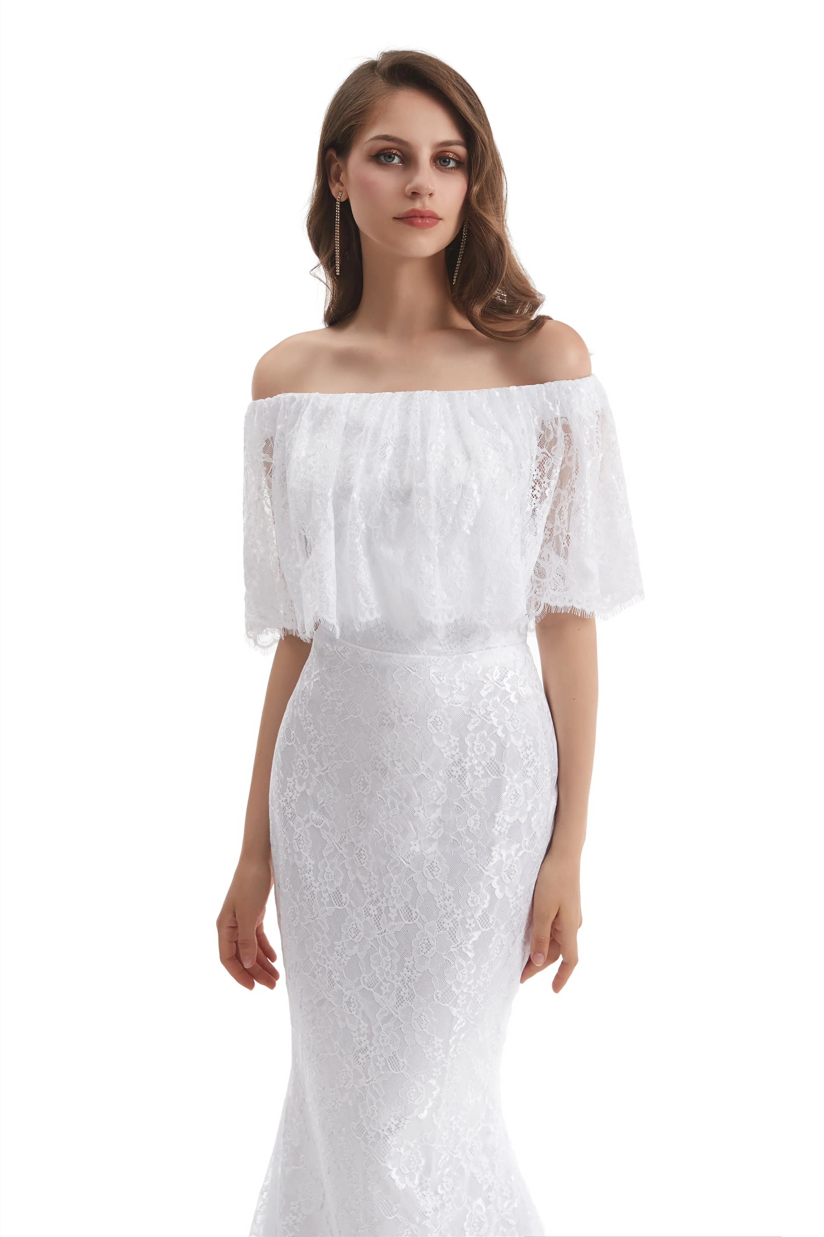 Mermaid Strapless Floor-length Off-the-shoulder Appliques Lace Short Sleeve Floor-length Wedding Dress