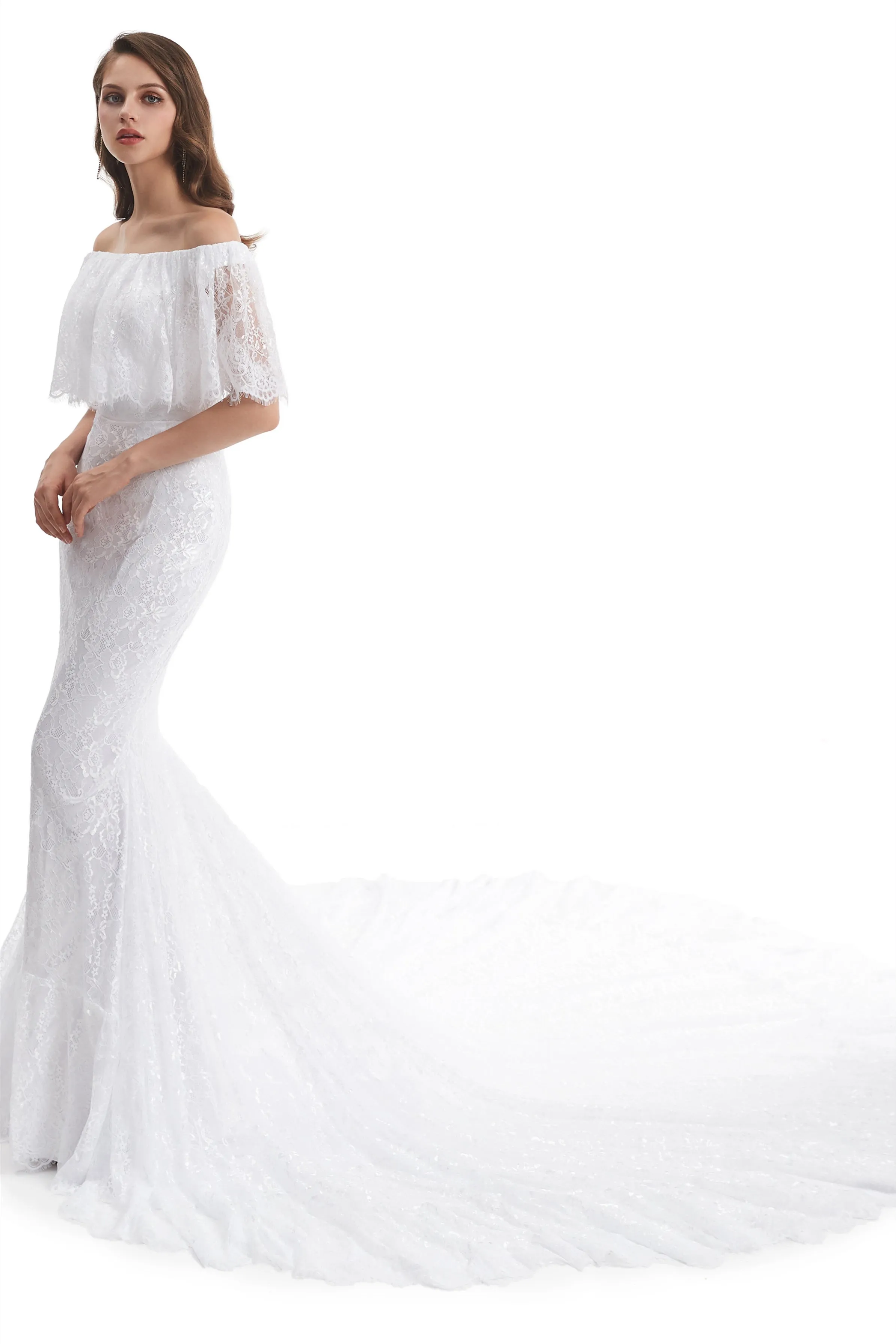Mermaid Strapless Floor-length Off-the-shoulder Appliques Lace Short Sleeve Floor-length Wedding Dress