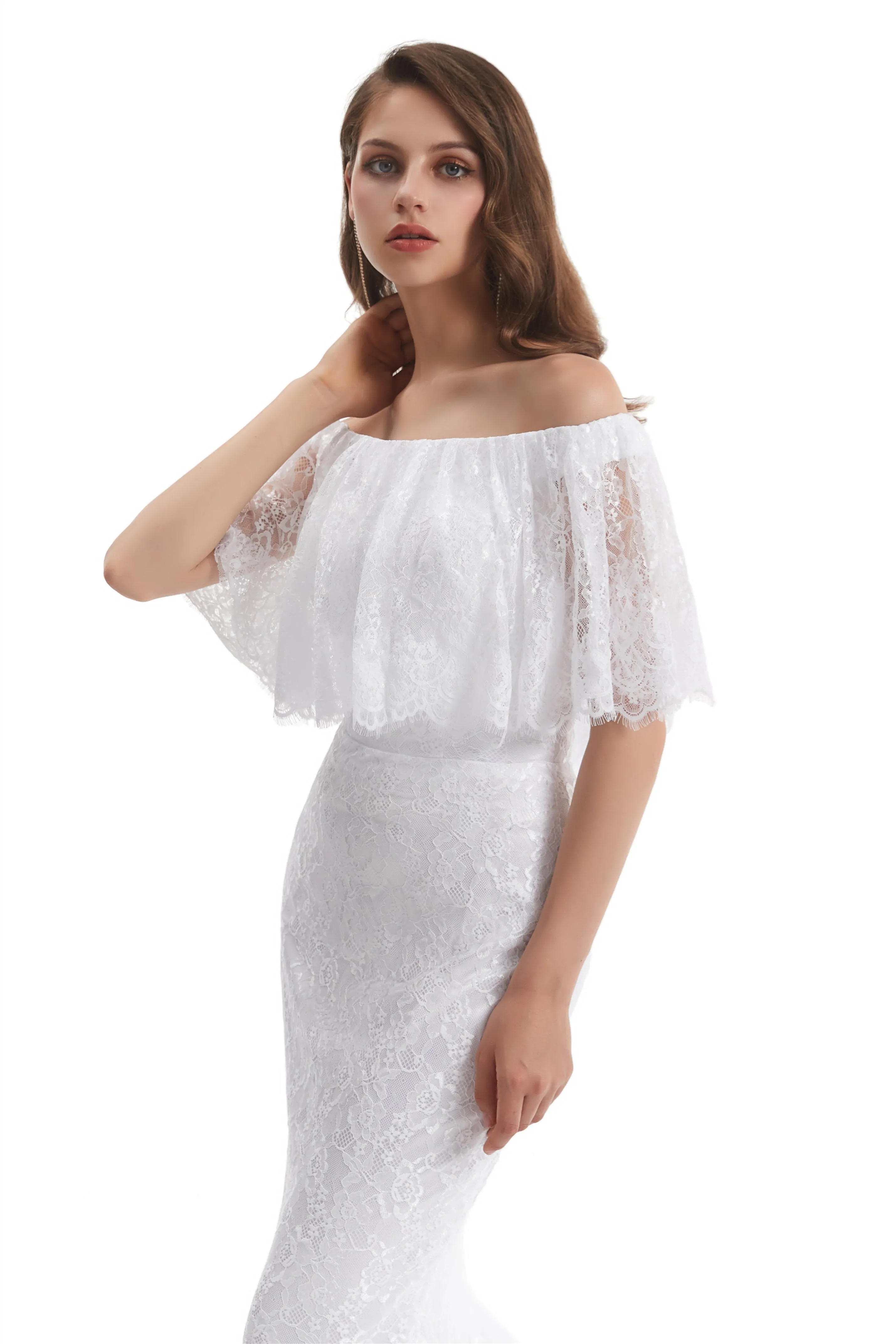 Mermaid Strapless Floor-length Off-the-shoulder Appliques Lace Short Sleeve Floor-length Wedding Dress