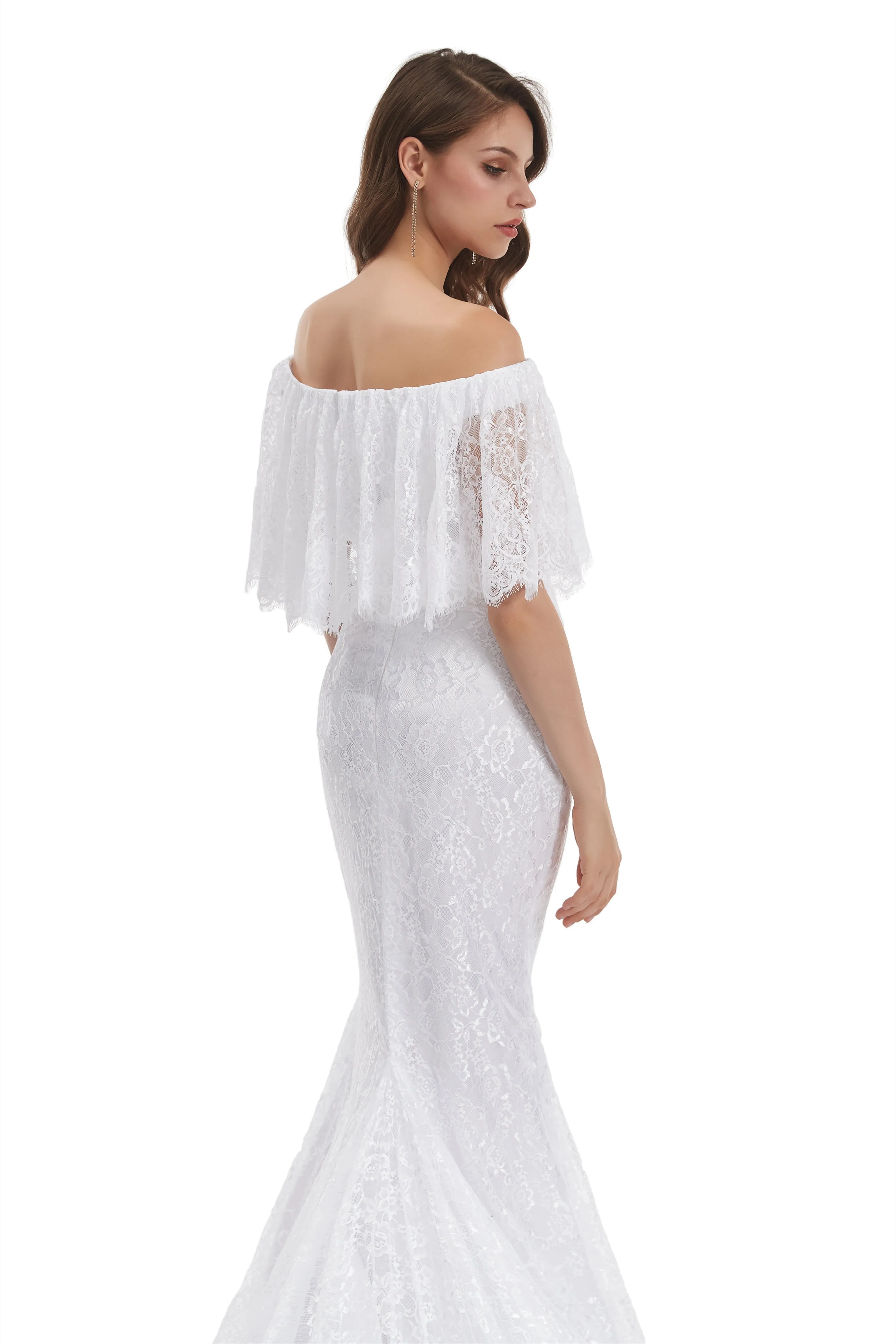Mermaid Strapless Floor-length Off-the-shoulder Appliques Lace Short Sleeve Floor-length Wedding Dress