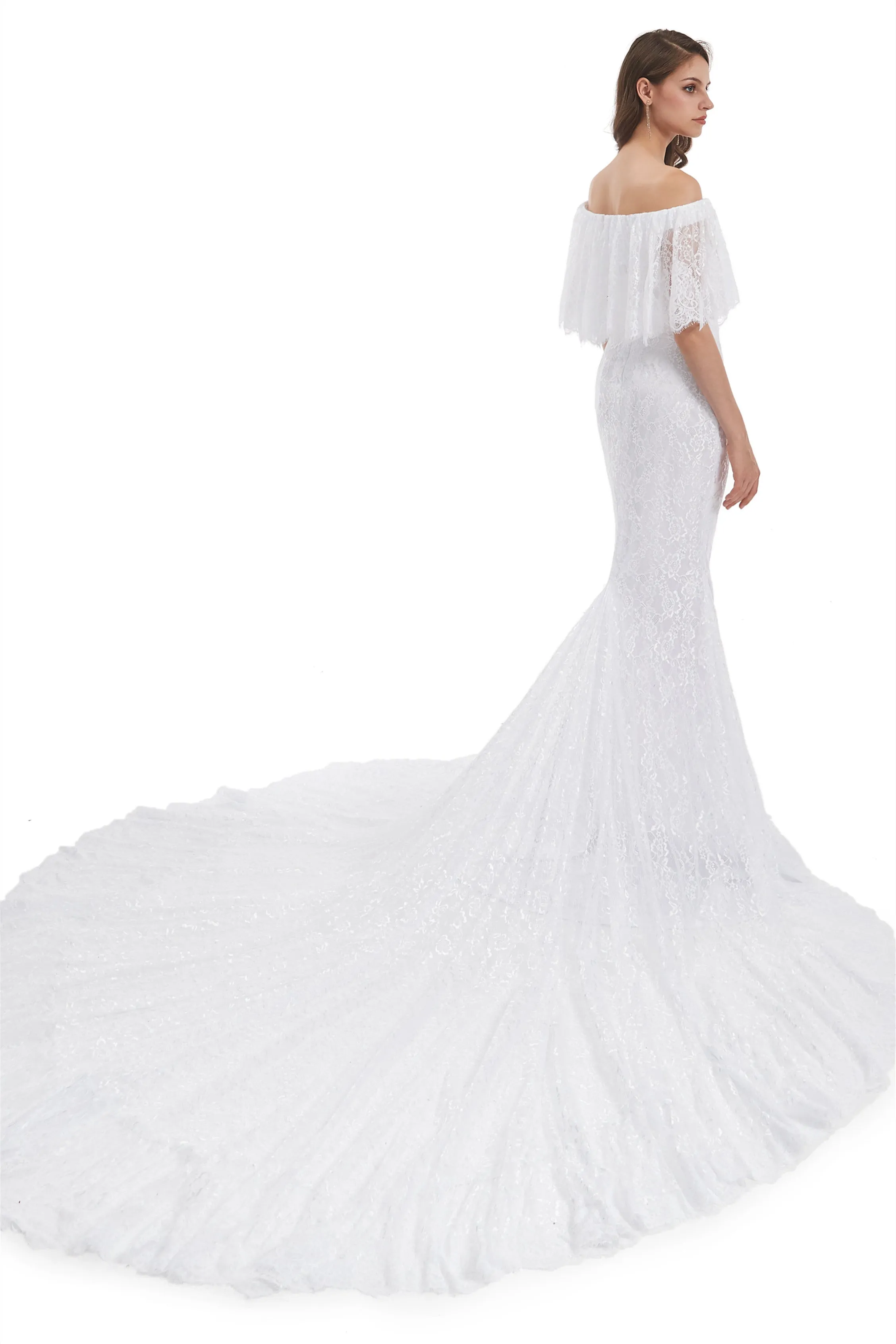 Mermaid Strapless Floor-length Off-the-shoulder Appliques Lace Short Sleeve Floor-length Wedding Dress