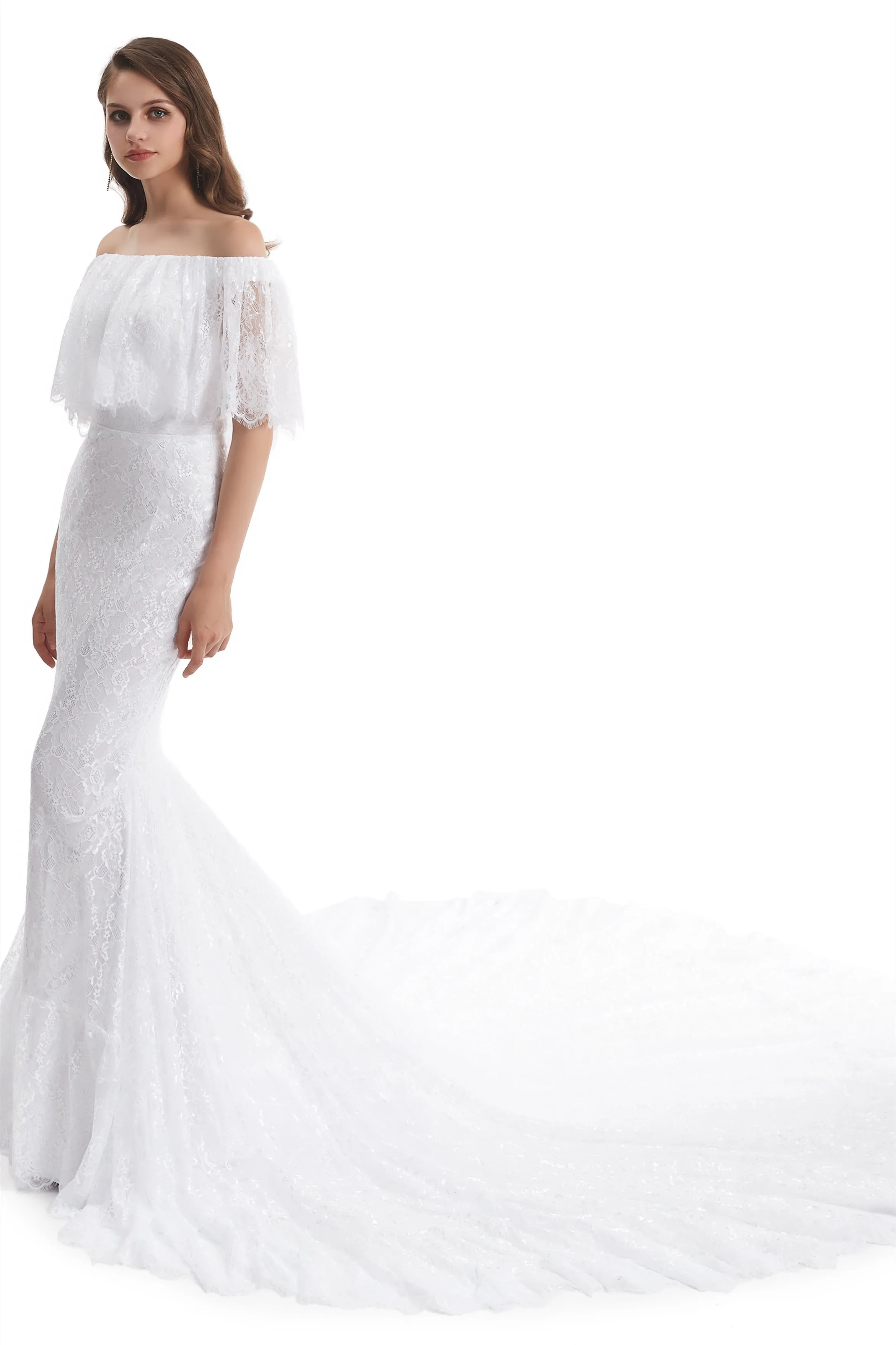 Mermaid Strapless Floor-length Off-the-shoulder Appliques Lace Short Sleeve Floor-length Wedding Dress