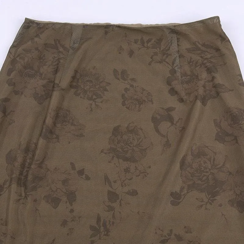 Mesh flower pattern zip-up ruffle midi skirt