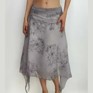 Mesh flower print irregular ruffle zip-up midi skirt - Final Sale