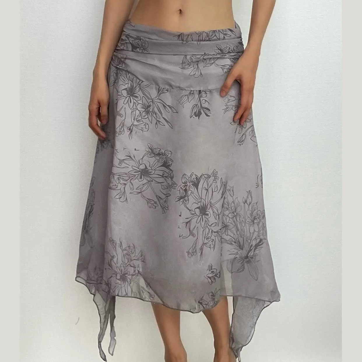Mesh flower print irregular ruffle zip-up midi skirt - Final Sale