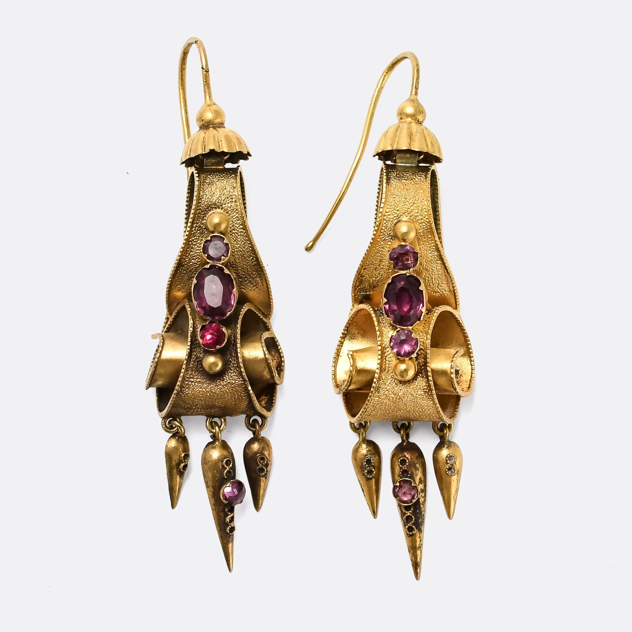 Mid Victorian Almandine Garnet Gold Scroll Earrings