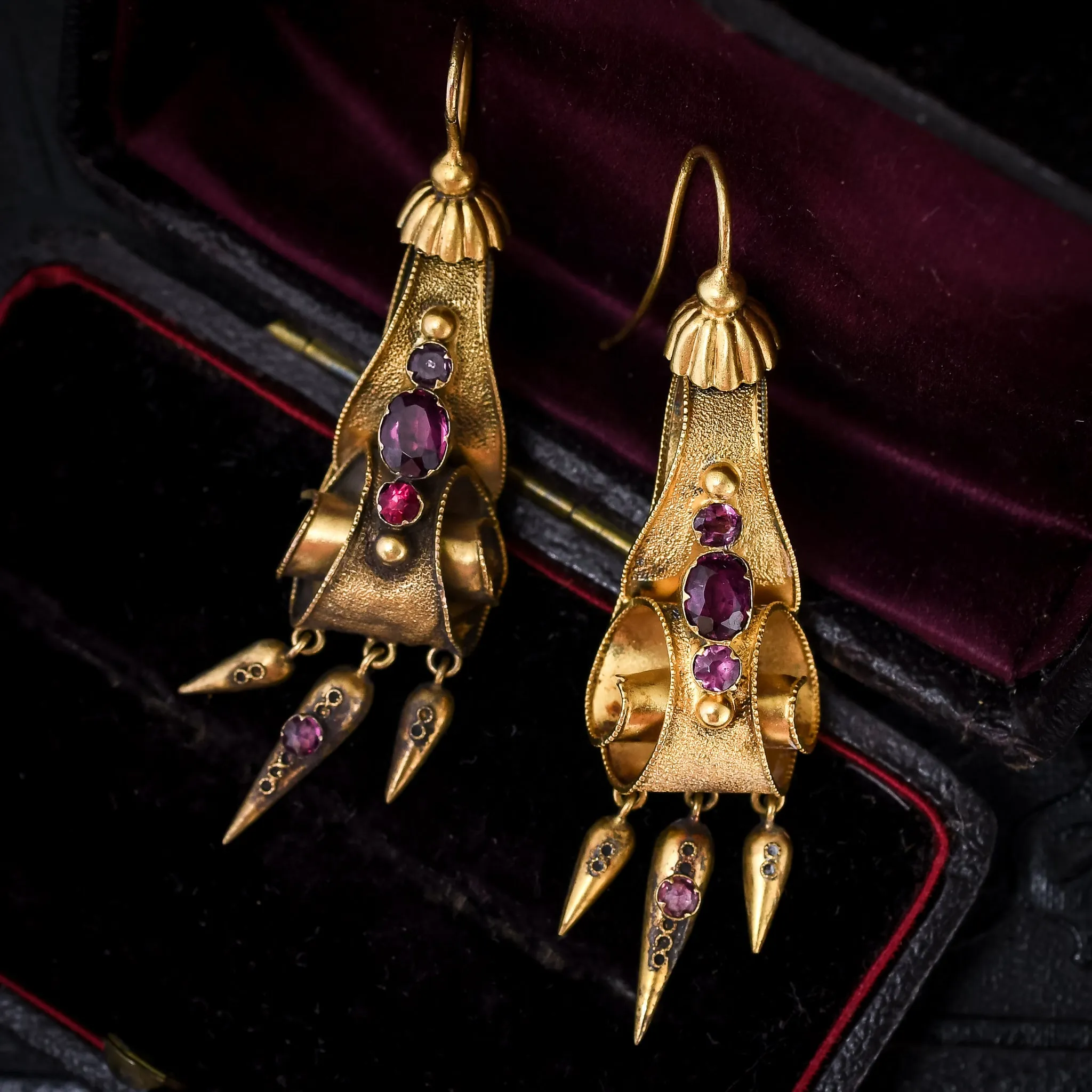 Mid Victorian Almandine Garnet Gold Scroll Earrings