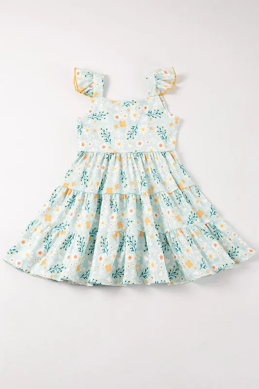 Mint floral print ruffle tiered dress