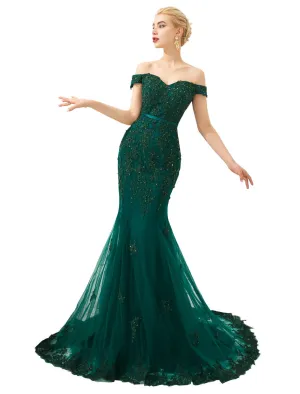 Modern Evening Dress  Luxury Handmade Beading Mermaid Off Shoulder Short Sleeve Formal Dinner Dresses With Train