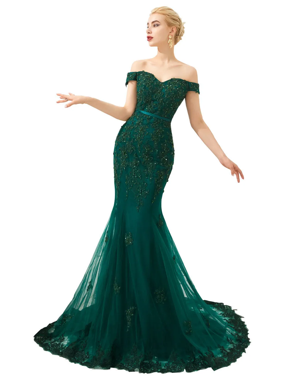 Modern Evening Dress  Luxury Handmade Beading Mermaid Off Shoulder Short Sleeve Formal Dinner Dresses With Train