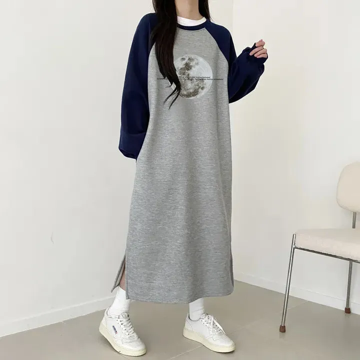momentlover Korean version Korean loose and thin letters long-sleeved long splicing skirt women's popular new velvet autumn and winter casual dress