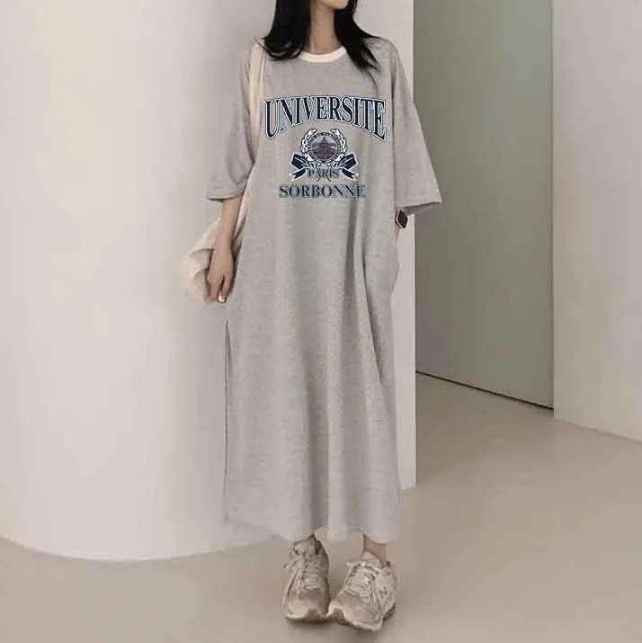 MOMENTLOVER Manufacturer pure cotton Korea loose and thin letters short-sleeved long T-shirt skirt women's popular new popular leisure even