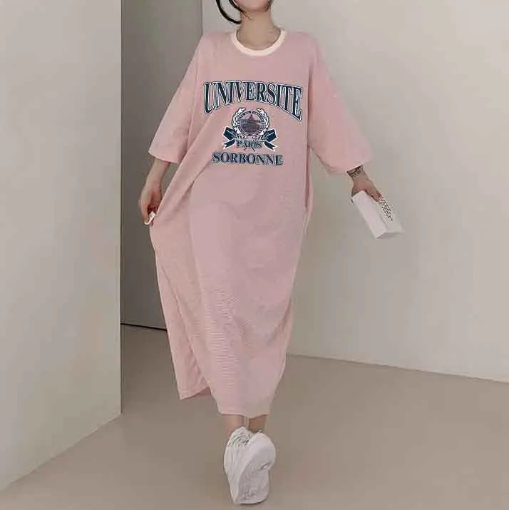 MOMENTLOVER Manufacturer pure cotton Korea loose and thin letters short-sleeved long T-shirt skirt women's popular new popular leisure even