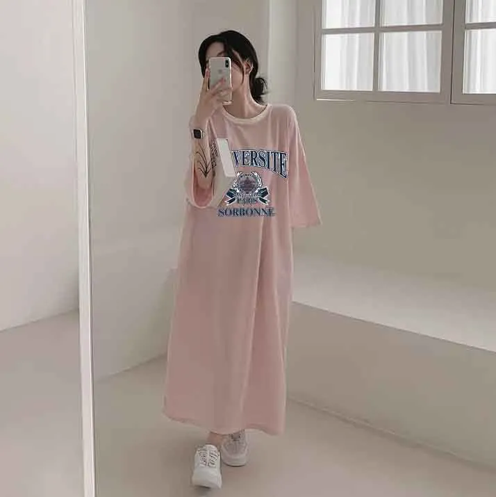 MOMENTLOVER Manufacturer pure cotton Korea loose and thin letters short-sleeved long T-shirt skirt women's popular new popular leisure even