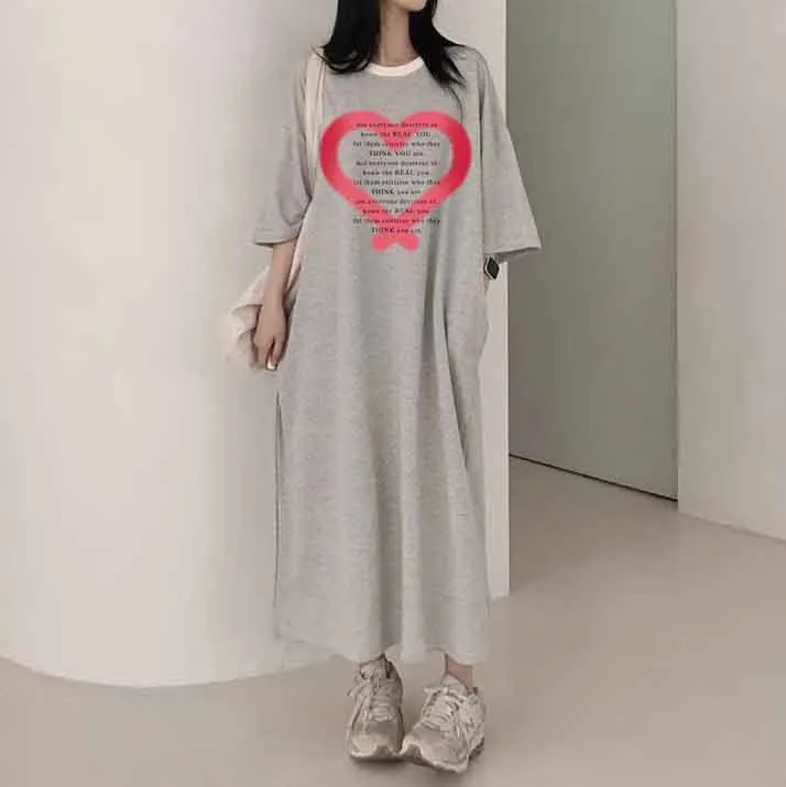 MOMENTLOVER Manufacturer pure cotton Korea loose and thin letters short-sleeved long T-shirt skirt women's popular new summer explosion leisure