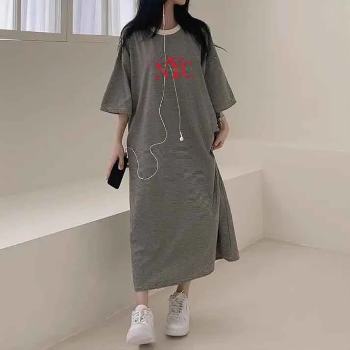 MOMENTLOVER Manufacturer's dress popular summer new thin T-shirt skirt pure cotton high elastic beauty casual contrasting stripes easy to wear