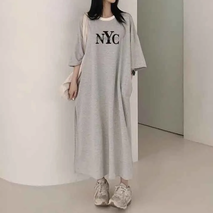 MOMENTLOVER Manufacturer's dress popular summer new thin T-shirt skirt pure cotton high elastic beauty casual contrasting stripes easy to wear
