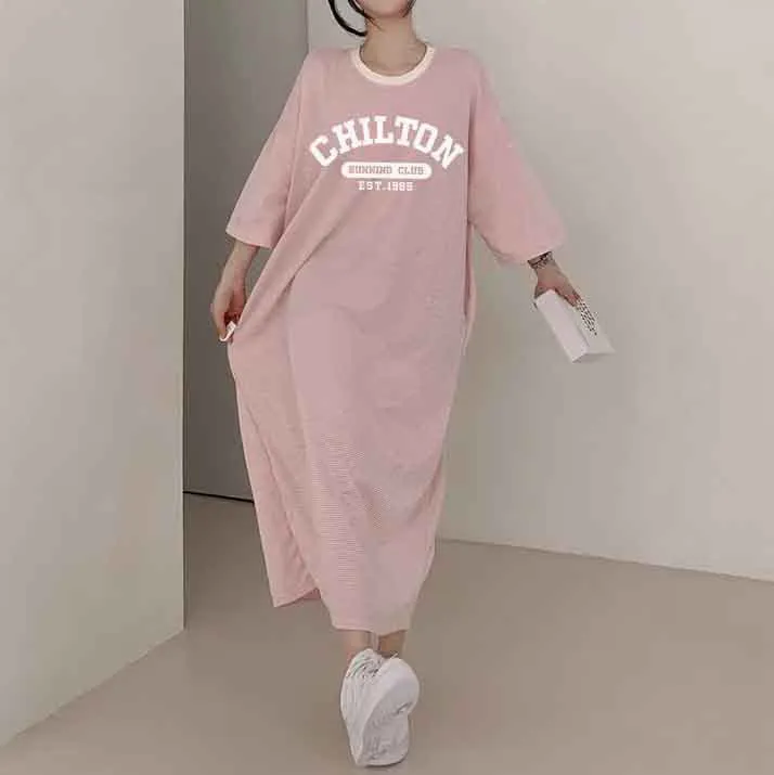 MOMENTLOVER Manufacturer's dress popular summer new thin T-shirt skirt pure cotton high elastic beauty casual contrasting stripes easy to wear