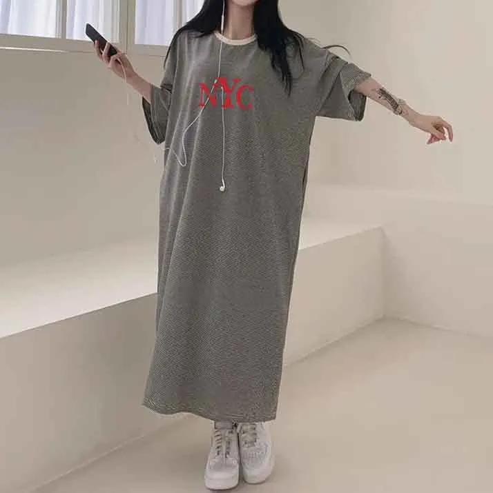 MOMENTLOVER Manufacturer's dress popular summer new thin T-shirt skirt pure cotton high elastic beauty casual contrasting stripes easy to wear