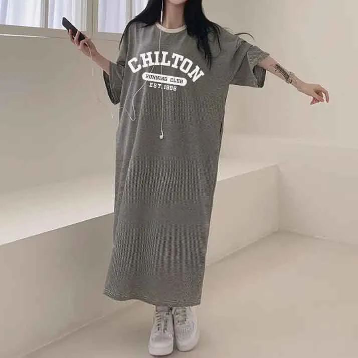 MOMENTLOVER Manufacturer's dress popular summer new thin T-shirt skirt pure cotton high elastic beauty casual contrasting stripes easy to wear