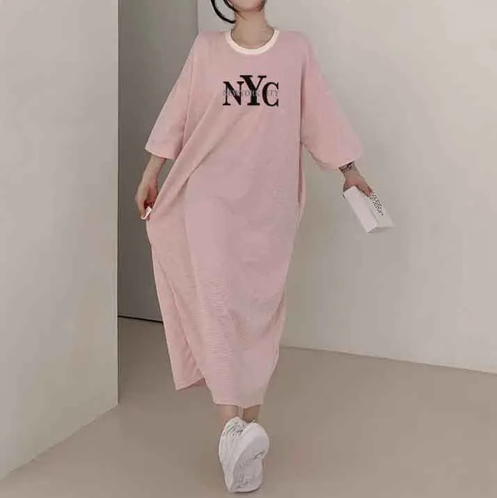 MOMENTLOVER Manufacturer's dress popular summer new thin T-shirt skirt pure cotton high elastic beauty casual contrasting stripes easy to wear