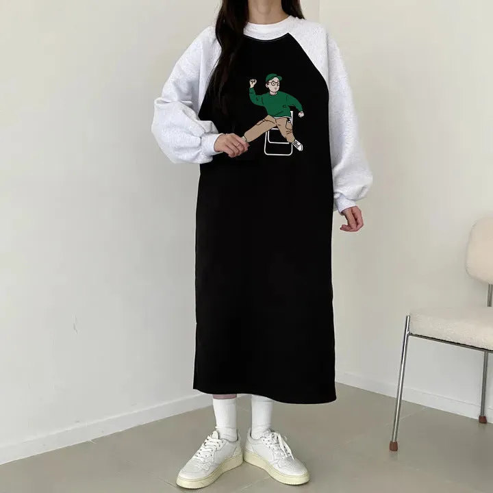 momentlover Splicing skirt medium and long women's autumn and winter Korean version loose and thin knee long skirt casual straight velvet cotton dress