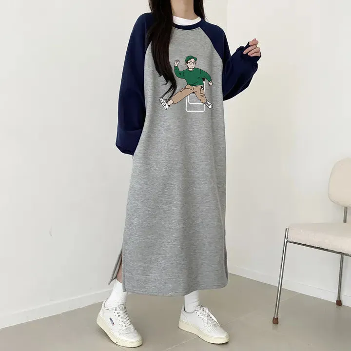 momentlover Splicing skirt medium and long women's autumn and winter Korean version loose and thin knee long skirt casual straight velvet cotton dress