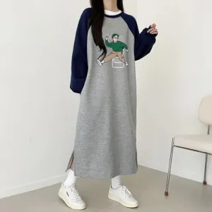 momentlover Splicing skirt medium and long women's autumn and winter Korean version loose and thin knee long skirt casual straight velvet cotton dress