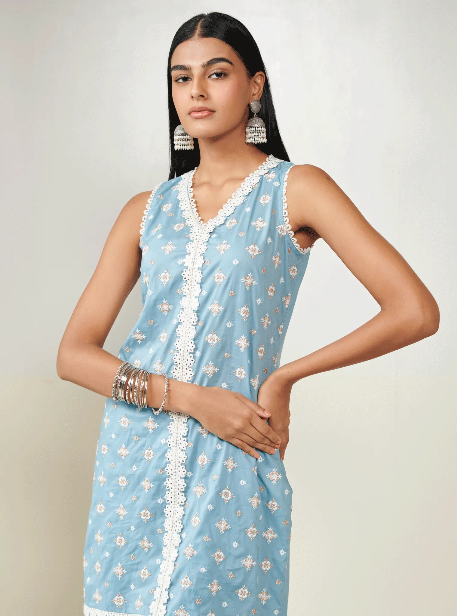Mulmul Cotton Serenity Teal Kurta With Serenity Teal Sharara