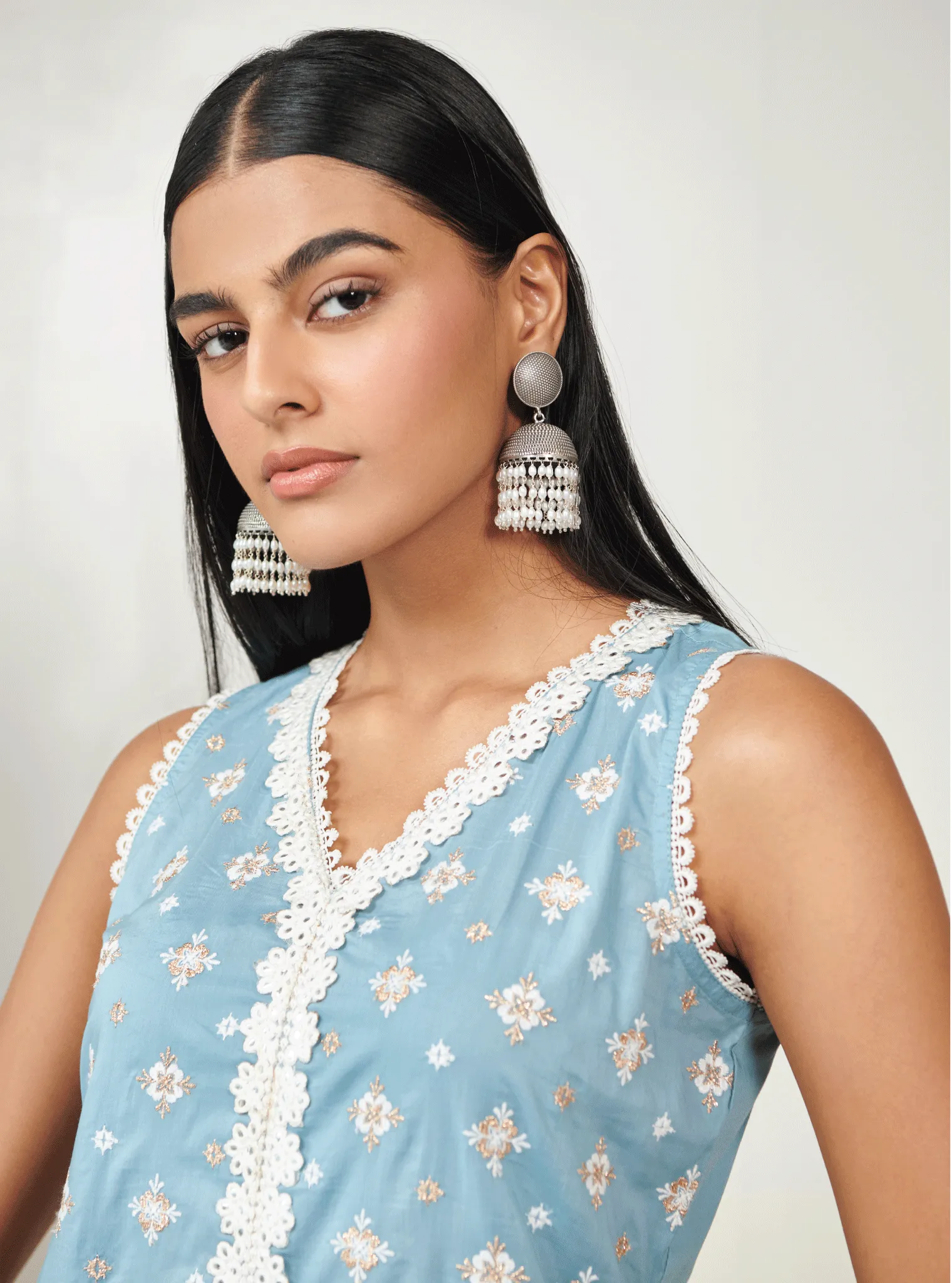 Mulmul Cotton Serenity Teal Kurta With Serenity Teal Sharara