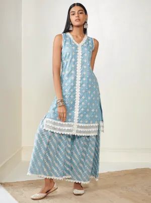 Mulmul Cotton Serenity Teal Kurta With Serenity Teal Sharara