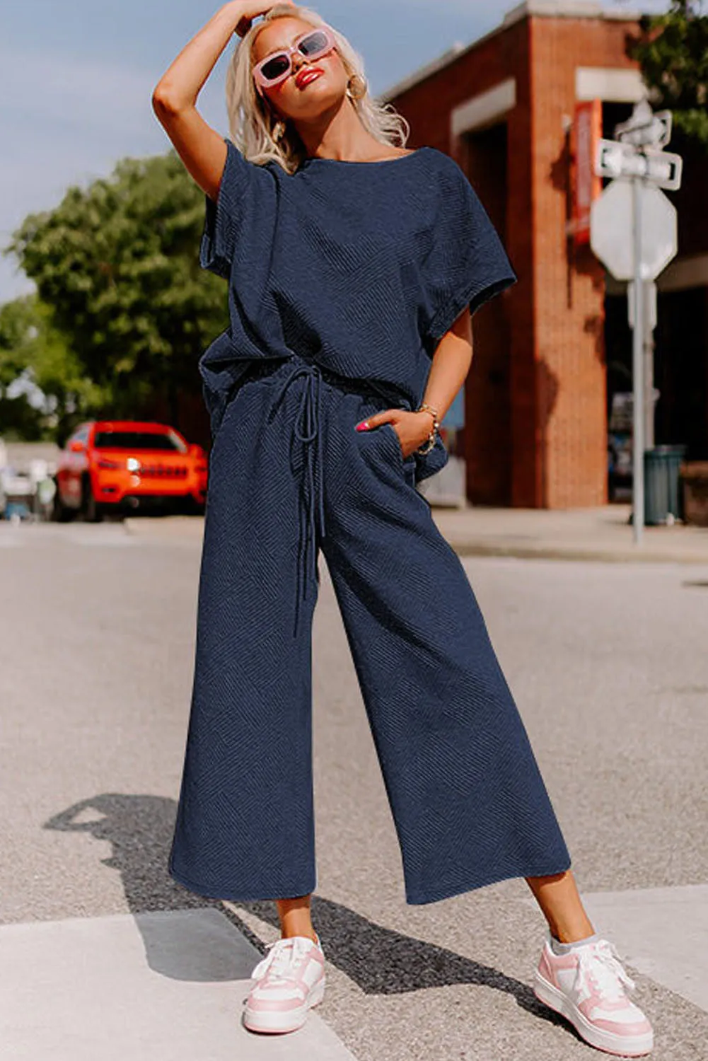 Navy Blue Gray Textured Loose Fit T Shirt and Drawstring Pants Set