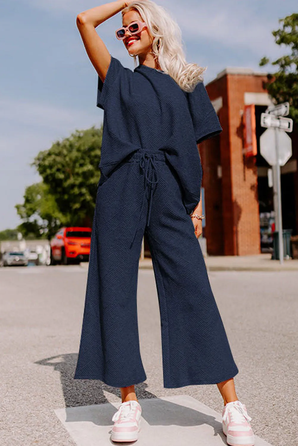 Navy Blue Gray Textured Loose Fit T Shirt and Drawstring Pants Set